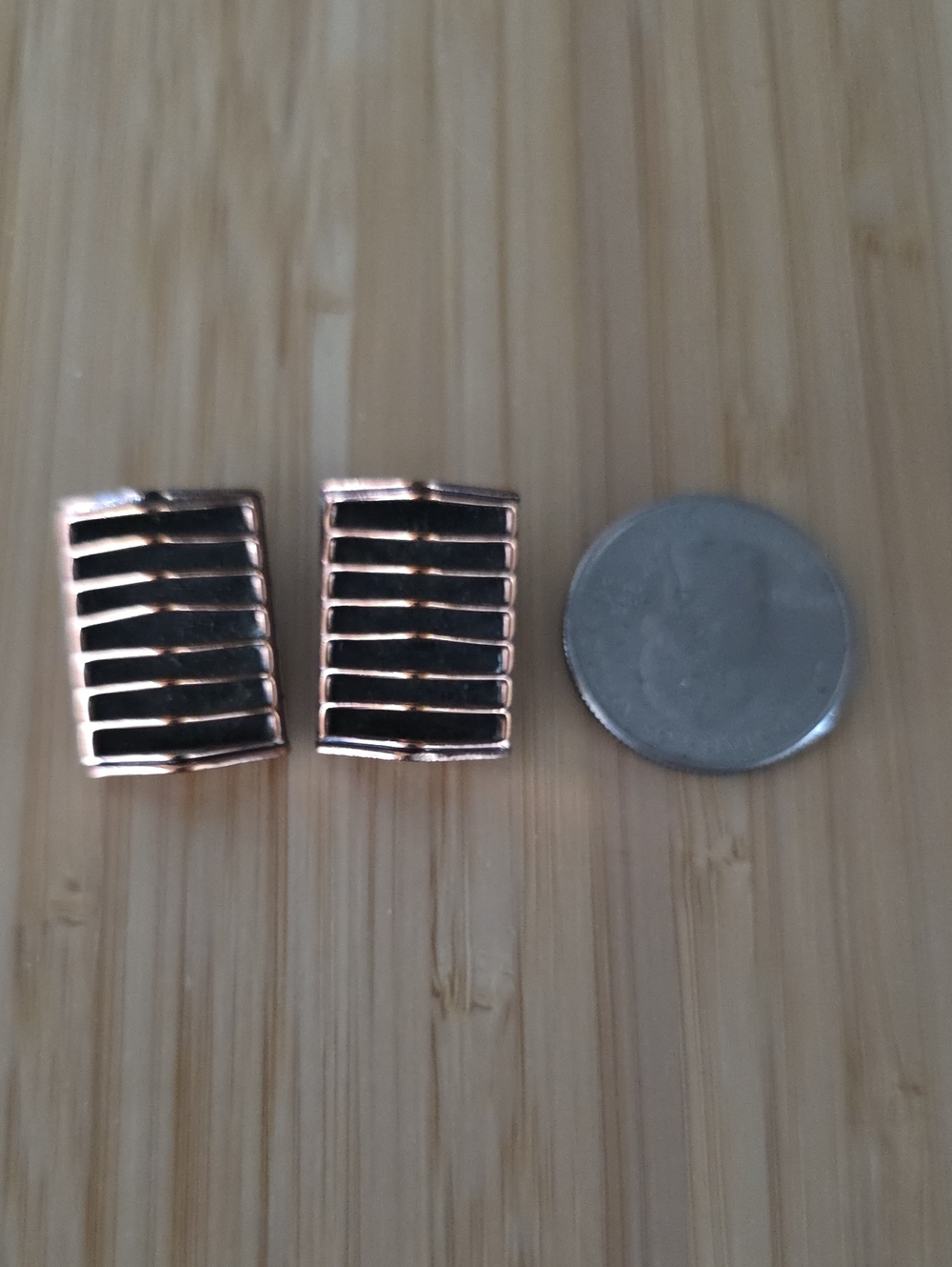 Rectangular Copper-Tone Striped Clip On Earrings - Black Inlay